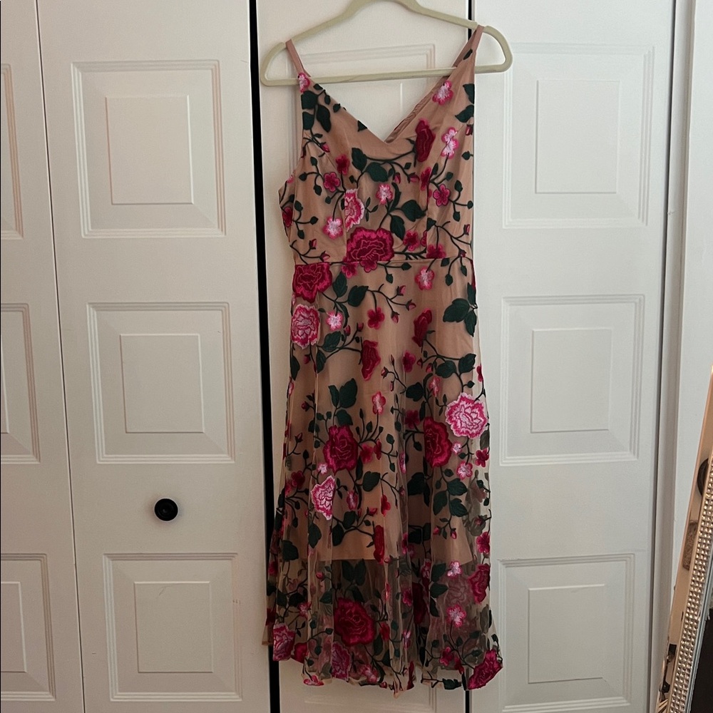 Sam Edelman Beige Maxi Dress with Pink & Green Floral Embroidery